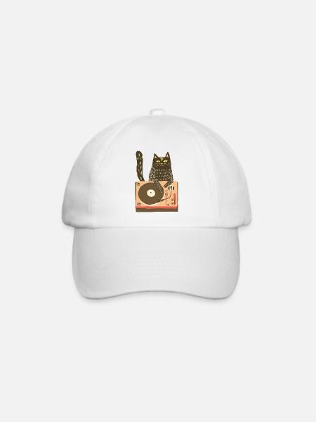 Katzen-DJ auf Vinyl-Plattenteller - Baseballkappe - Weiß/Weiß