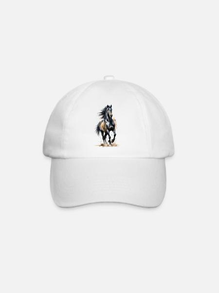 Schneidiger schwarzer Hengst - Aquarell - Baseballkappe - Weiß/Weiß