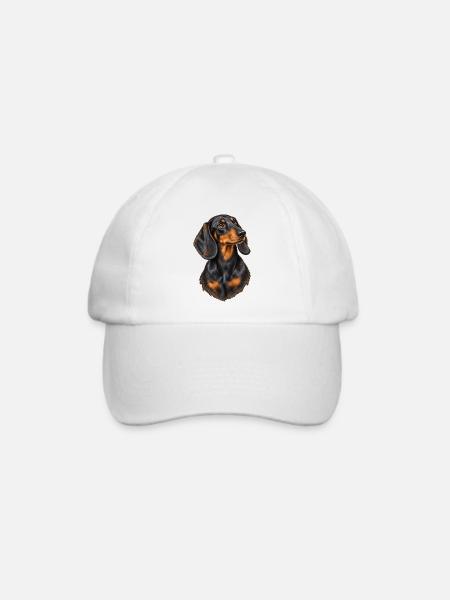 Dackel Porträt – Schwarz-brauner Hundeblick - Baseballkappe - Weiß/Weiß