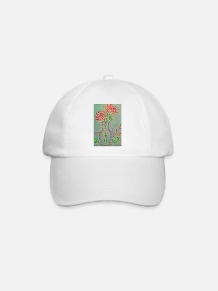 Zwei rote Rosen in einer Vase - Baseballkappe - Weiß/Weiß