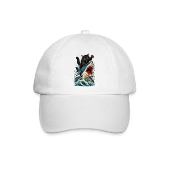 Angry Black Cat Riding a Great White Shark - Baseballkappe - Weiß/Weiß - Vorne