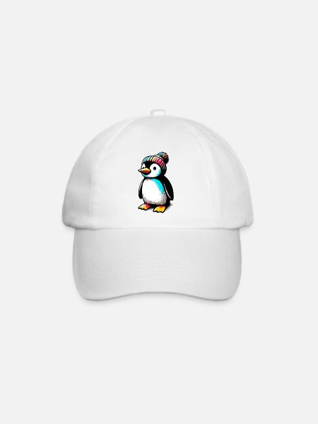 Pinguin mit winterlicher Wollmütze - Baseballkappe - Weiß/Weiß