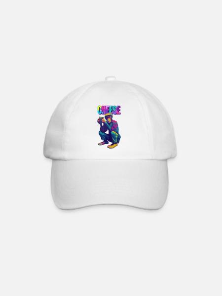 Cheese! Affe mit Kamera im Neon Pop-Art Stil - Baseballkappe - Weiß/Weiß