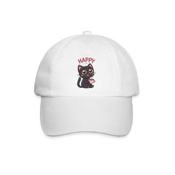 Kawaii Schwarzer Katzenkaffee mit rosa Tasse - Baseballkappe - Weiß/Weiß - Vorne