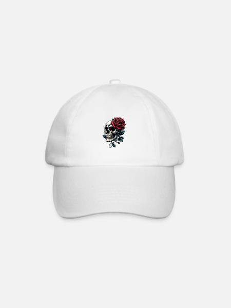 Skull mit roten Rosen und Rosenranken - Baseballkappe - Weiß/Weiß