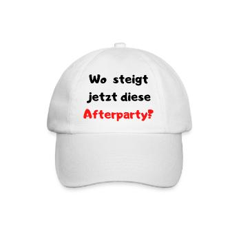 Wo steigt jetzt diese Afterparty? Partyspruch Fun - Baseballkappe - Weiß/Weiß - Vorne