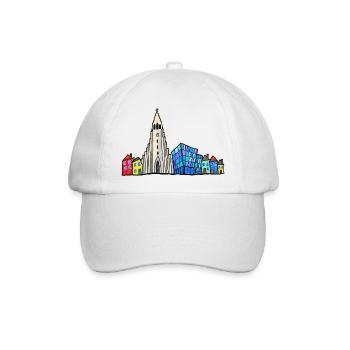 Reykjavik Skyline – Bunte Kinderzeichnung - Baseballkappe - Weiß/Weiß - Vorne