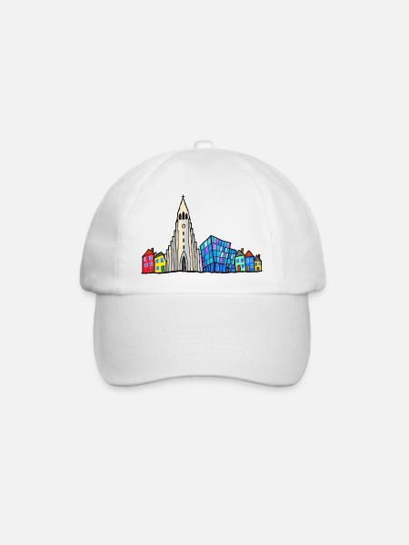Reykjavik Skyline – Bunte Kinderzeichnung - Baseballkappe - Weiß/Weiß