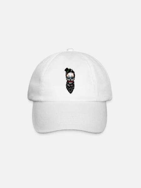 Kopf des bärtigen Barthut-Schnurrbartes des Todes Hipster - Baseballkappe - Weiß/Weiß