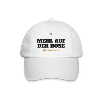 Mehl auf der Hose, Glück im Bauch – Backen - Baseballkappe - Weiß/Weiß - Vorne