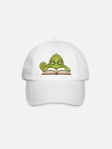 Chamäleon-Leser-Brillenbuch-Maskottchen-Cartoon - Baseballkappe - Weiß/Weiß