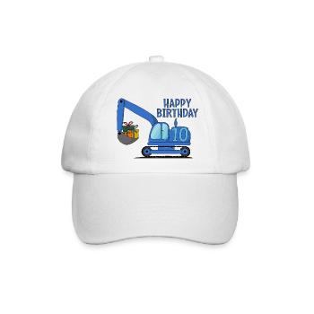 Bagger Kinder Happy Birthday 10 Blau - Baseballkappe - Weiß/Weiß - Vorne