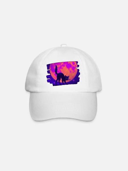 Katze vor leuchtendem Neon-Vollmond - Baseballkappe - Weiß/Weiß
