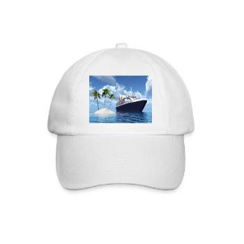 Kreuzfahrtschiff und einsame Insel mit Palmen - Baseballkappe - Weiß/Weiß - Vorne