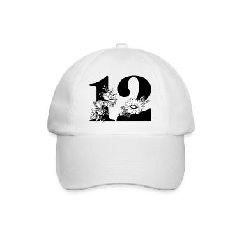 Nummer 12 Schwarze Blumen - 12. Blumengeburtstag - Baseballkappe - Weiß/Weiß - Vorne