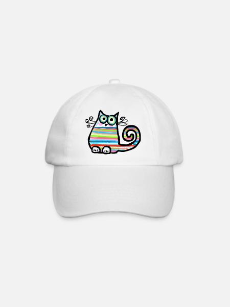 Bunt gestreifte, lustige Katze - handgezeichnet - Baseballkappe - Weiß/Weiß