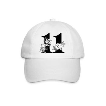 Nummer 11 Schwarze Blumen -11. Geburtstag Blumen - Baseballkappe - Weiß/Weiß - Vorne