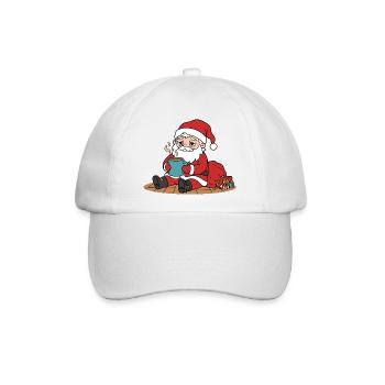 Niedlicher Kawaii-Weihnachtsmann sitzt und trinkt Kaffee - Baseballkappe - Weiß/Weiß - Vorne