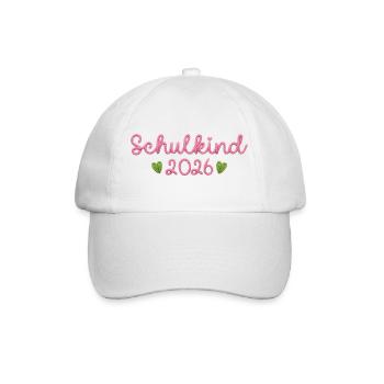 Schulkind 2026 mit Herzen Faux Yarn Strickmuster  - Baseballkappe - Weiß/Weiß - Vorne