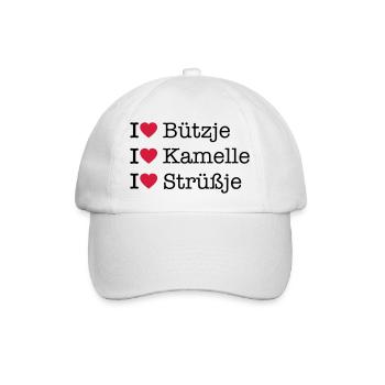 I LOVE Bützje Kamelle Strüßje - Kölner Karneval - Baseballkappe - Weiß/Weiß - Vorne