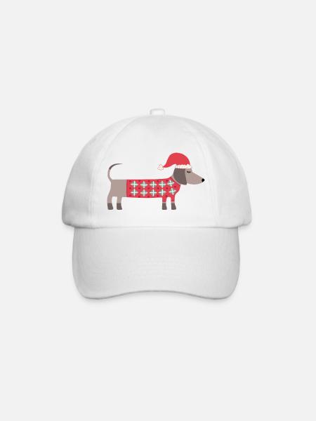 Chien teckel de Noël avec un chapeau de Père Noël et un pull - Casquette classique - blanc/blanc