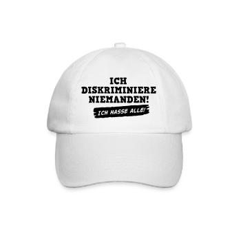 Ich diskriminiere niemanden - ich hasse alle! 1c - Baseballkappe - Weiß/Weiß - Vorne