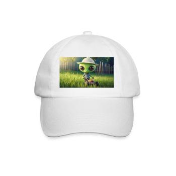 niedliches kleines grünes Retro Alien Rasen mähen - Baseballkappe - Weiß/Weiß - Vorne