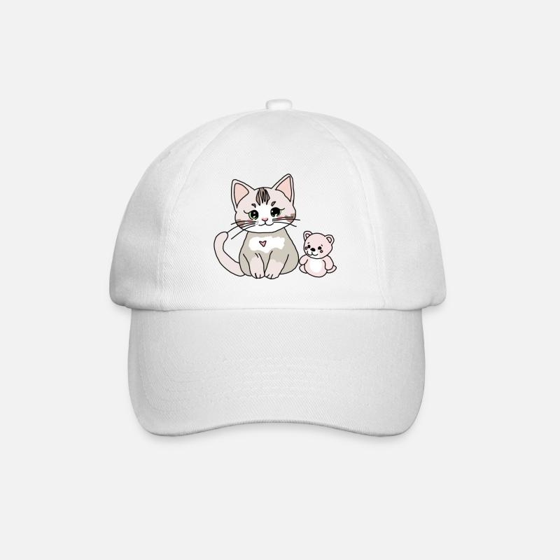 Süße Katze mit ihrem Teddy - Baseballkappe - Weiß/Weiß