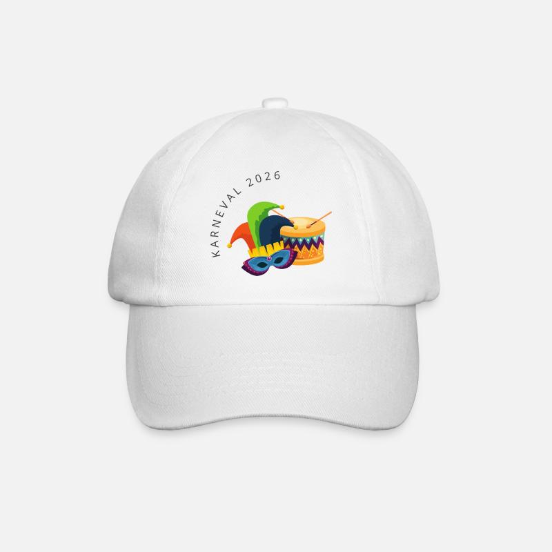 Karneval 2026 – Maske & Trommel buntes Design - Baseballkappe - Weiß/Weiß