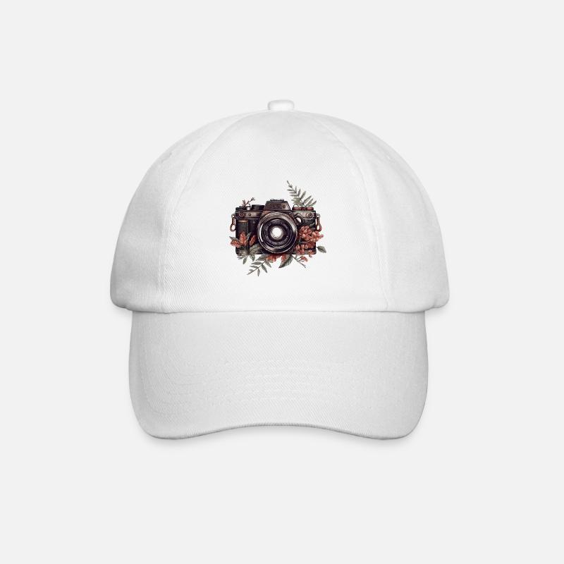 Coole Vintage Retro Kamera mit Blüten und Blättern - Baseballkappe - Weiß/Weiß