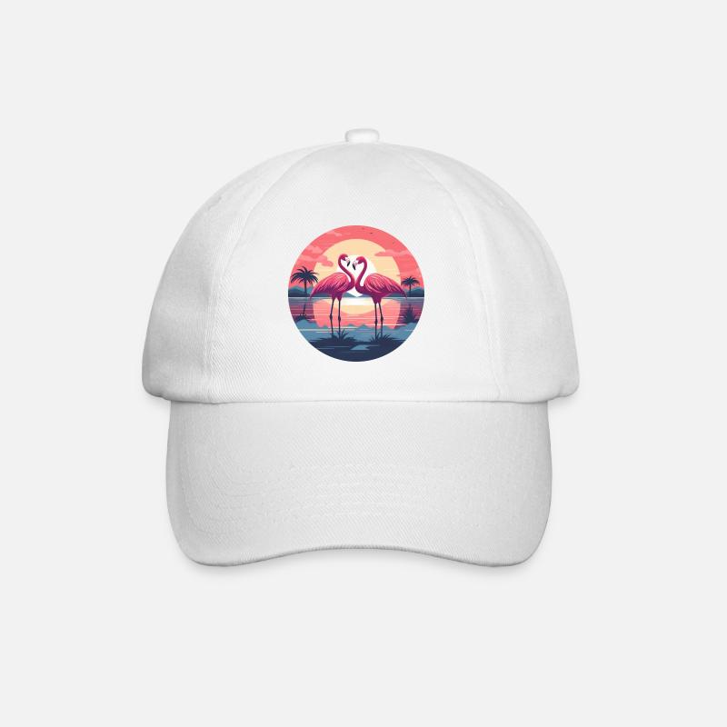 Flamingo, Paar, Sonnenuntergang, Sonne, Strand - Baseballkappe - Weiß/Weiß