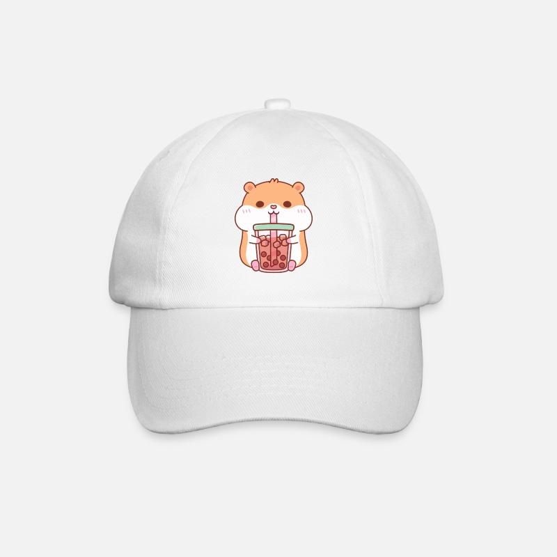 Cute Chubby Hamster Drinking Bubble Tea - Baseball Cap - white/white