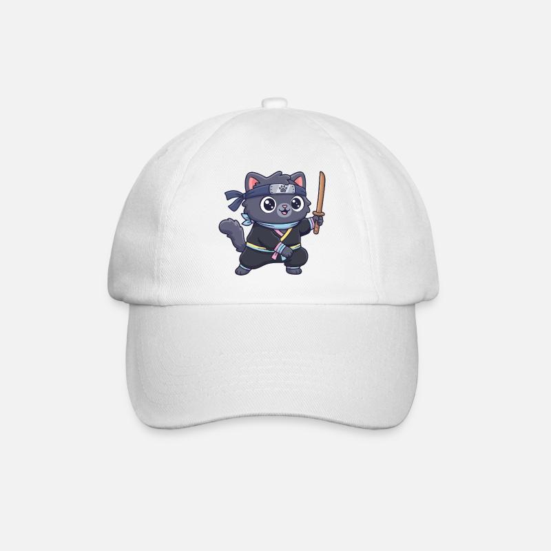 Ninja cat in samurai outfit - Baseball Cap - white/white