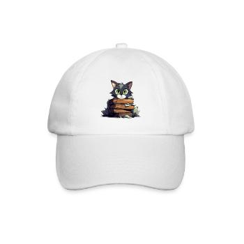 Cat Book Stack - Baseball Cap - white/white - Front