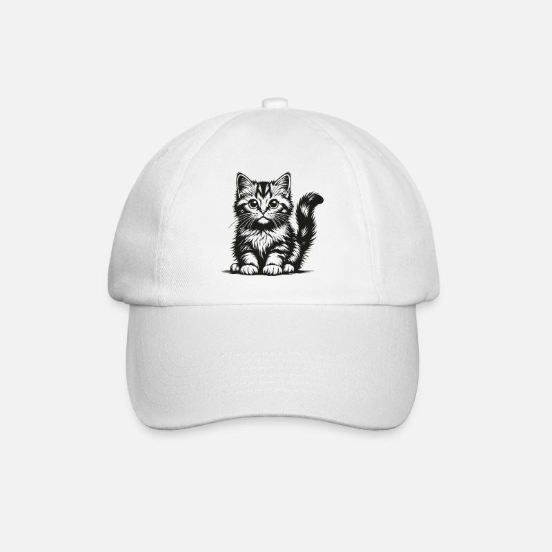 Schwarze Katze in Bleistiftzeichnung - Baseballkappe - Weiß/Weiß