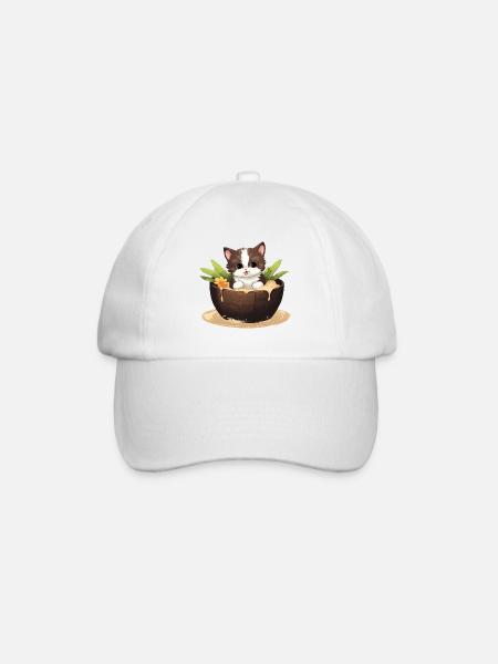 Katze mit Kokosnuss, Süßes Sommerdesign - Baseballkappe - Weiß/Weiß