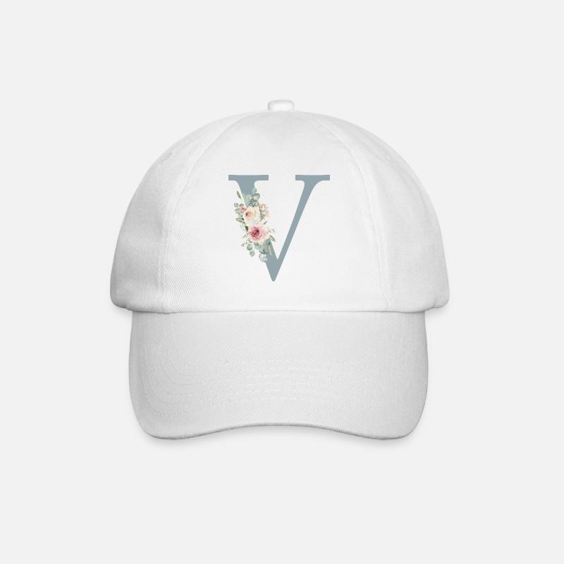 V| Monogramm | Eukalyptus-Pastell-Blumen-Blau - Baseballkappe - Weiß/Weiß