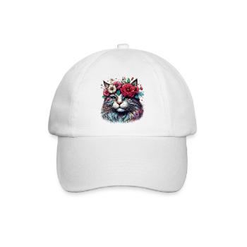 Katze mit Blumen - Baseballkappe - Weiß/Weiß - Vorne