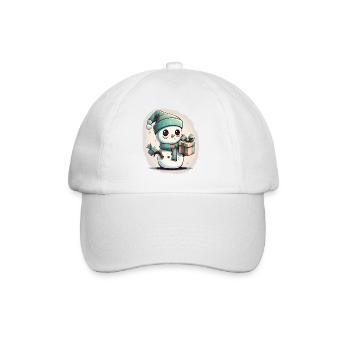 Festive Delight: Cartoon Snowman with a Gift - Baseball Cap - white/white - Front