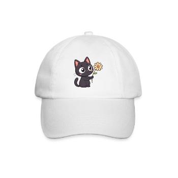 Kawaii Schwarze Katze und Gänseblümchen - Baseballkappe - Weiß/Weiß - Vorne