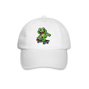 Frog on Skateboard – Cartoon Design - Baseball Cap - white/white - Front