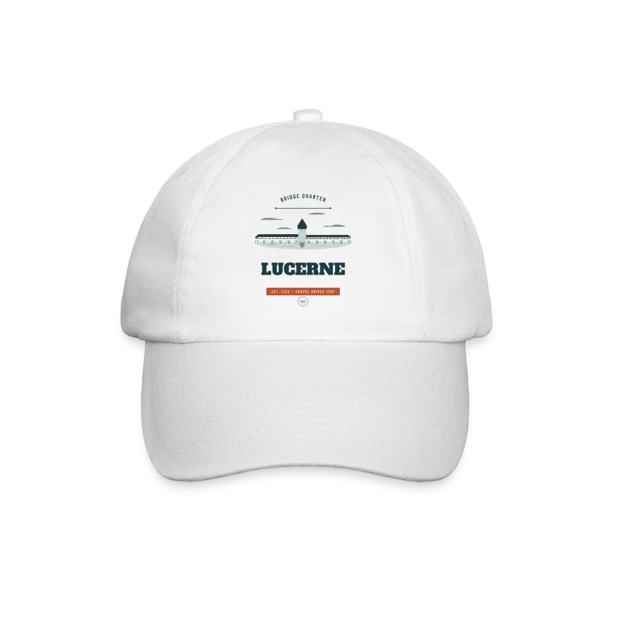 Lucerne badge on a baseball cap, white/white