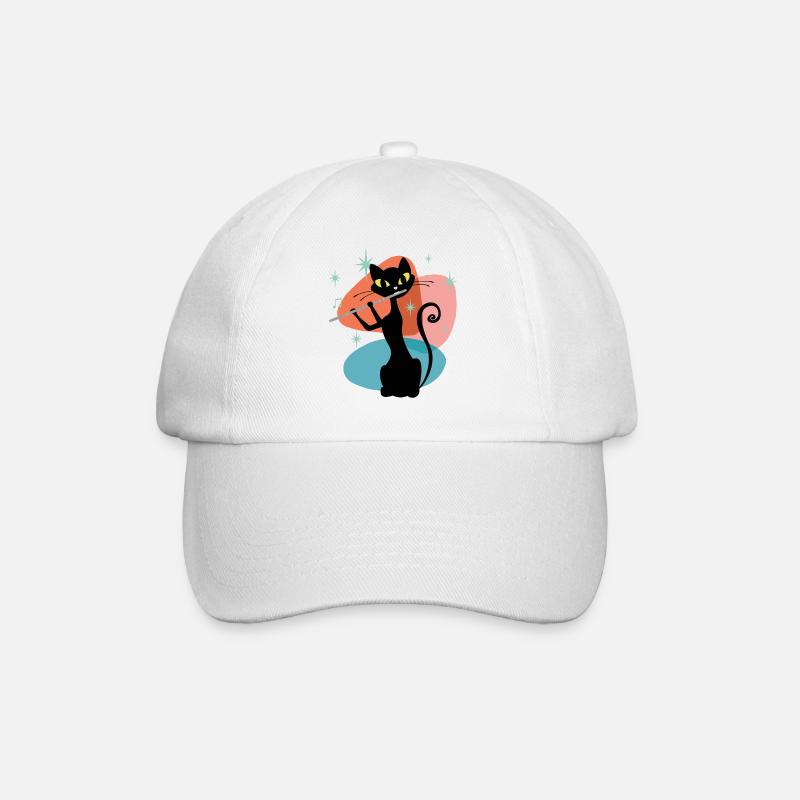 Retro Cat Flute Player, Mid Century Modern - Baseball Cap - white/white