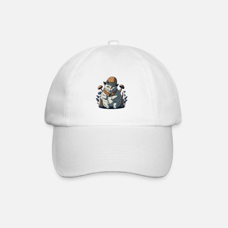 Fette Cottagecore-Katze mit Pilzhut - Baseballkappe - Weiß/Weiß