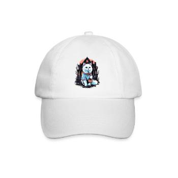 halloween white cat in hoodie with haunted house - Baseball Cap - white/white - Front