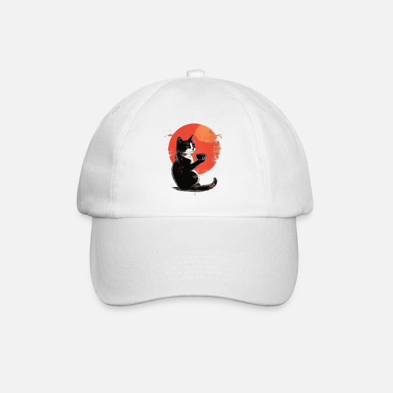 Chat avec du café devant la lune rouge à la japonaise - Casquette classique - blanc/blanc