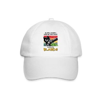 Blasen? Eindeutig! – Lustige Katze mit Laubbläser - Baseballkappe - Weiß/Weiß - Vorne