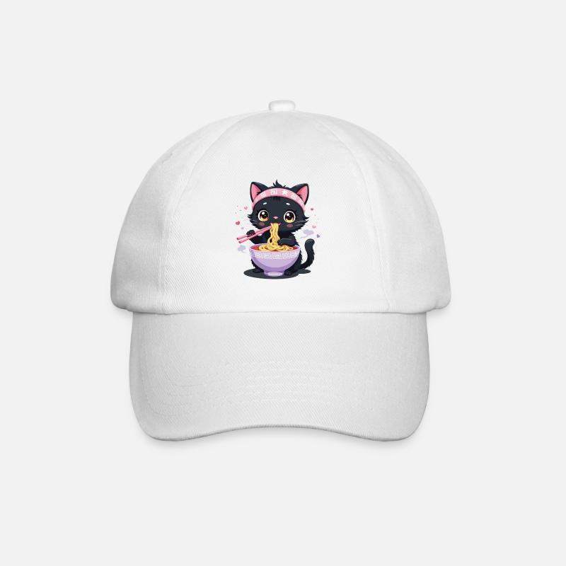 Chat noir dégustant ramen japonais - Casquette classique - blanc/blanc