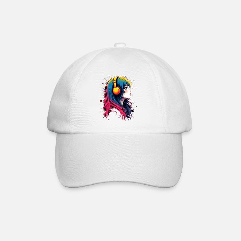Farbiger Anime-Charakter mit Kopfhörer - Baseballkappe - Weiß/Weiß