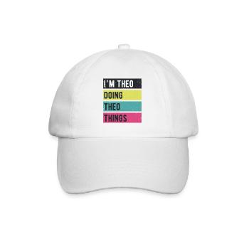 Ich bin Theo und mache Theo-Dinge Retro-Farben - Baseballkappe - Weiß/Weiß - Vorne